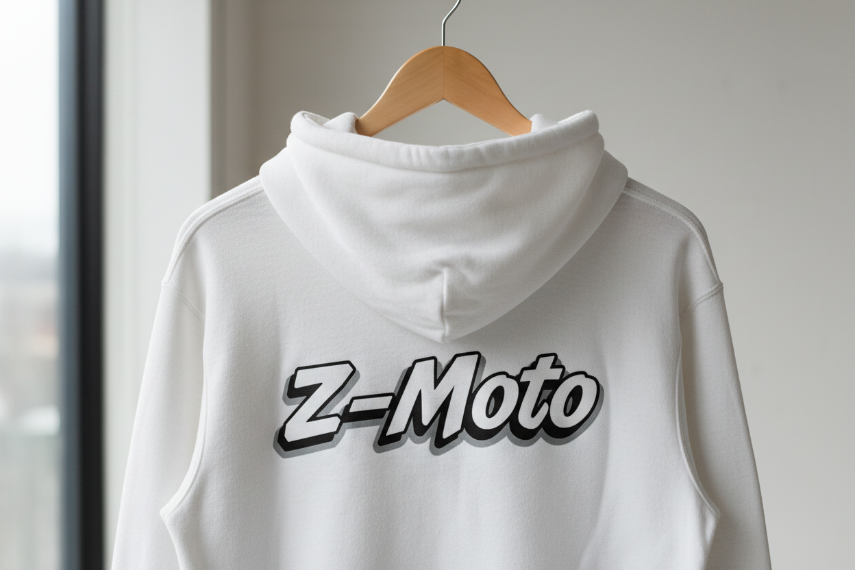 White hoodie with Z-Moto logo on back