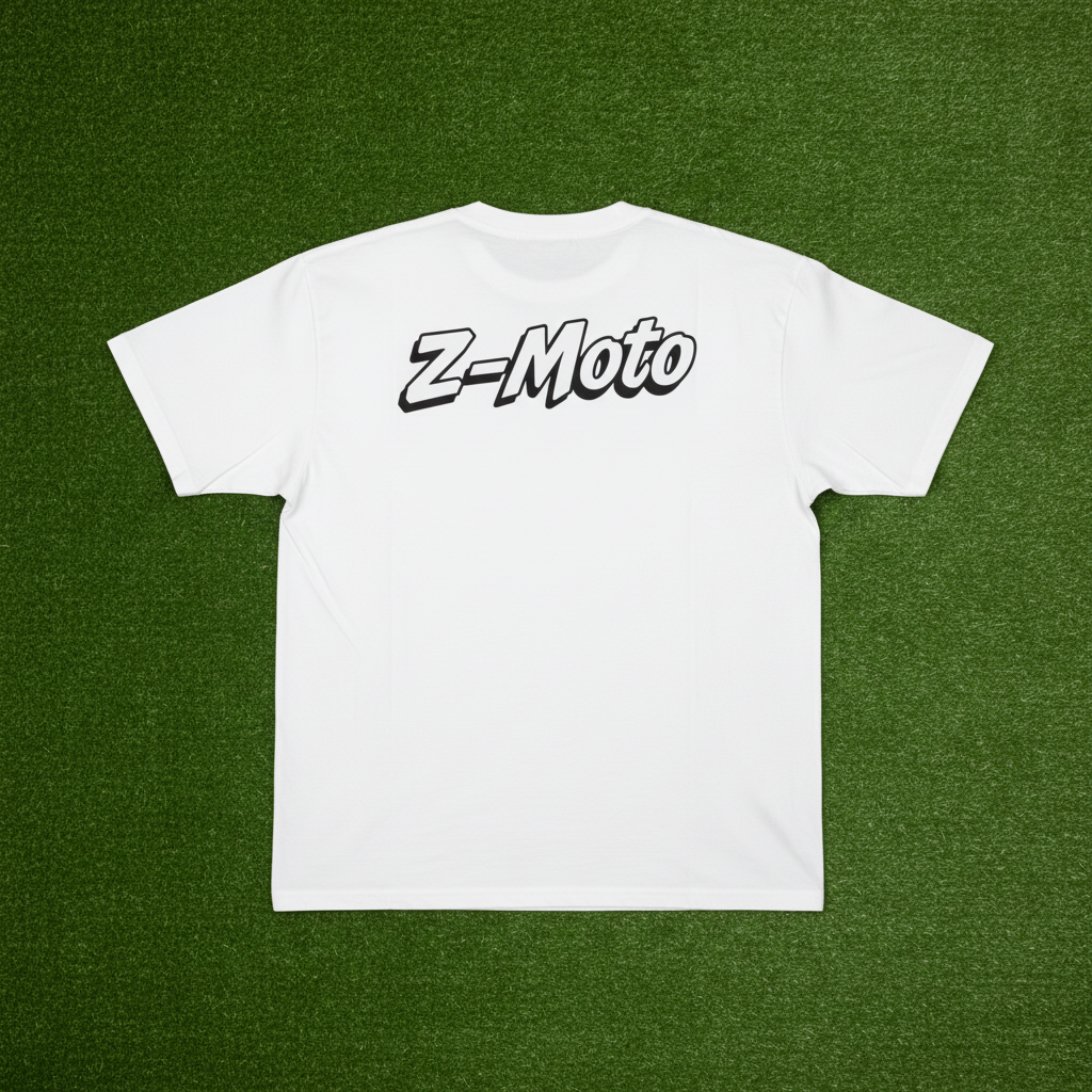 Z-Moto White T-Shirt Back Logo on Artificial Grass